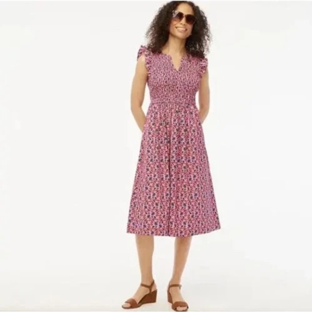 J. Crew Pink Floral Smocked Midi Sun Dress Flutter Sleeve Cottagecore - Size XS